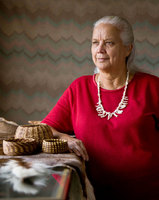 portrait of Poarch Creek Indian Gail Thrower. Accomplished maker of pine needle baskets. She was an expert on Native American Foodways and knowing the traditional uses of wild plants and herbs.